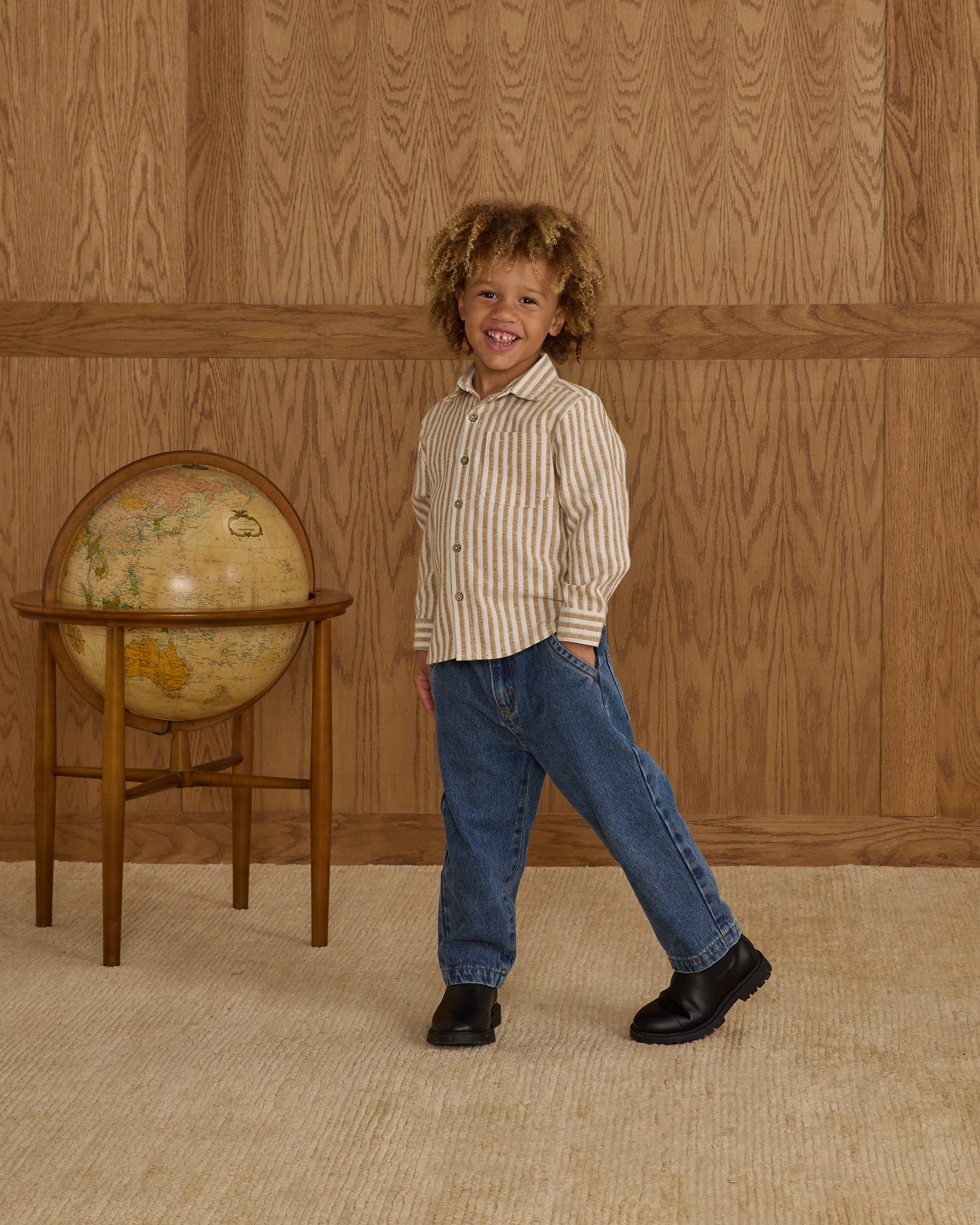 Collared Long Sleeve Shirt || Golden Stripe - Rylee + Cru | Kids Clothes | Trendy Baby Clothes | Modern Infant Outfits |