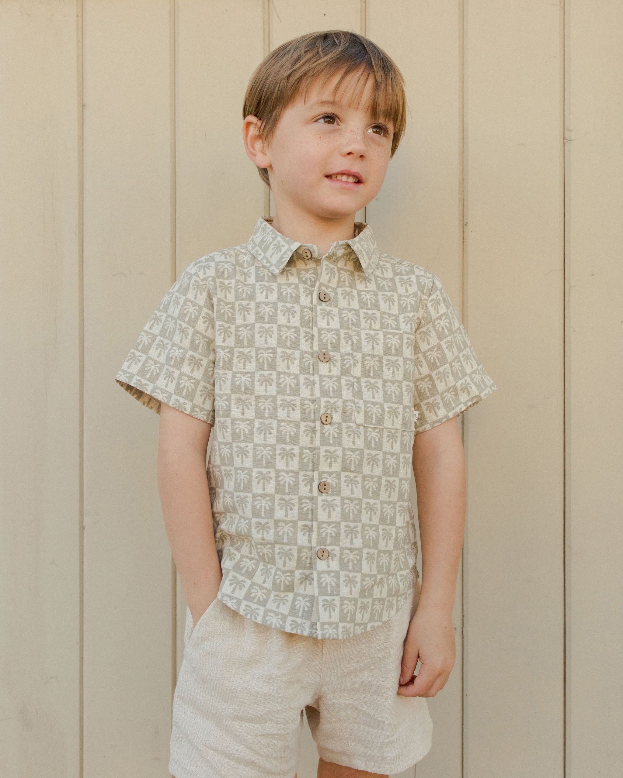 Collared Short Sleeve Shirt || Palm Check - Rylee + Cru | Kids Clothes | Trendy Baby Clothes | Modern Infant Outfits |