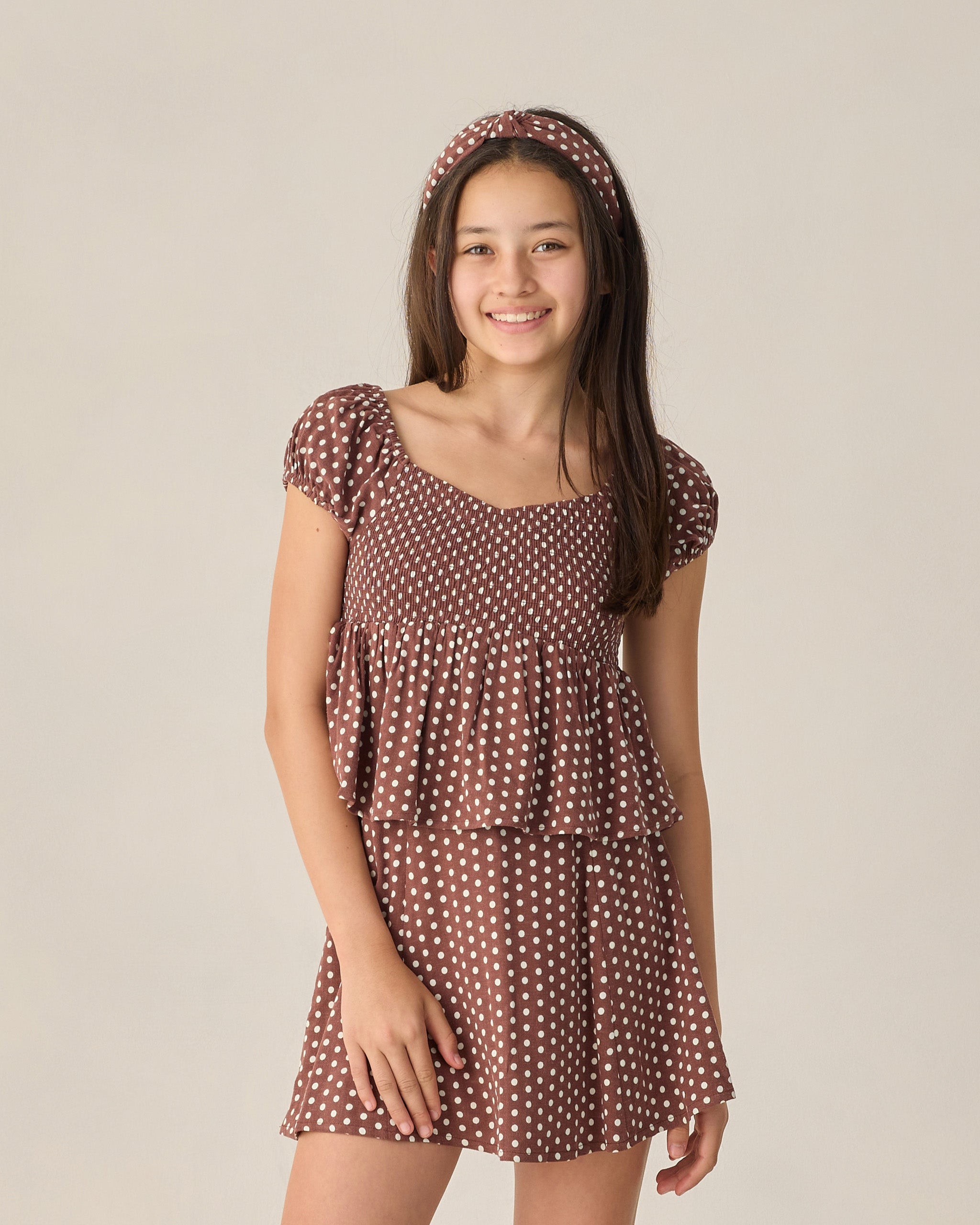 Teen Flutter Top Chocolate Polka Dot