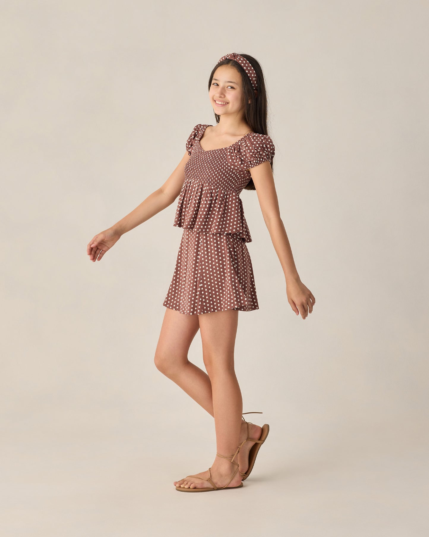 Teen Flutter Top Chocolate Polka Dot