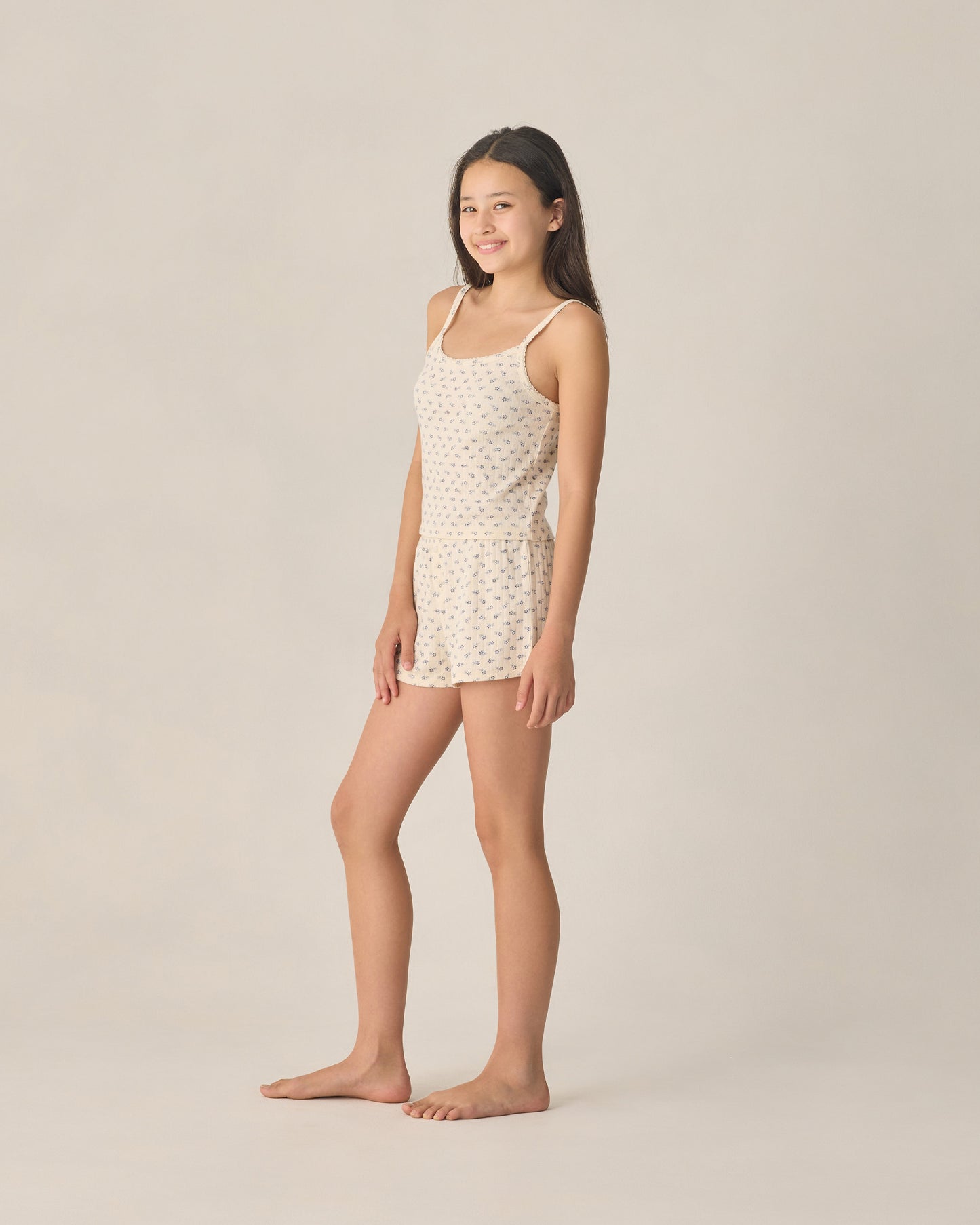 Ensemble de salon en pointelle pour adolescents, motif fleurs bleues