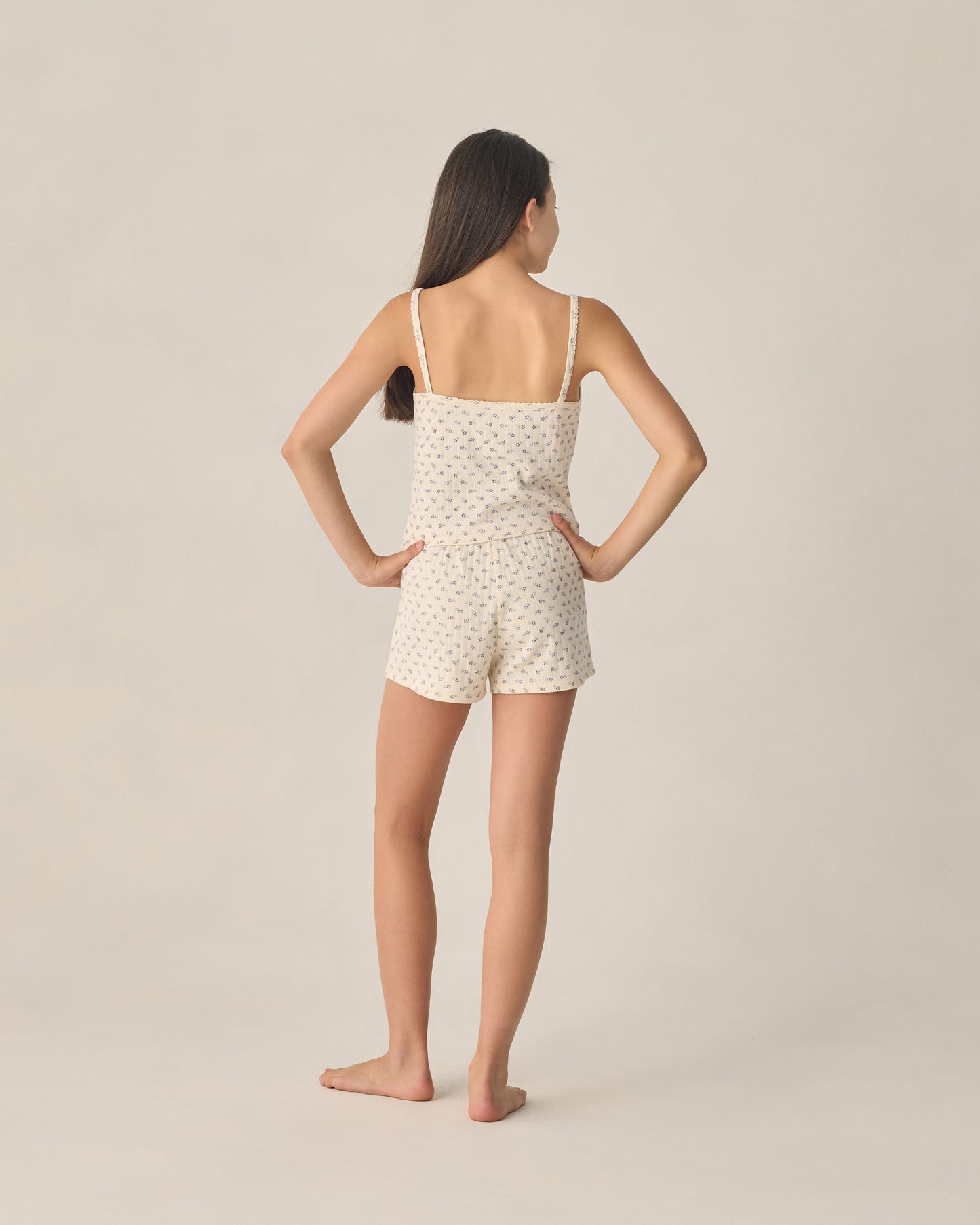 Ensemble de salon en pointelle pour adolescents, motif fleurs bleues