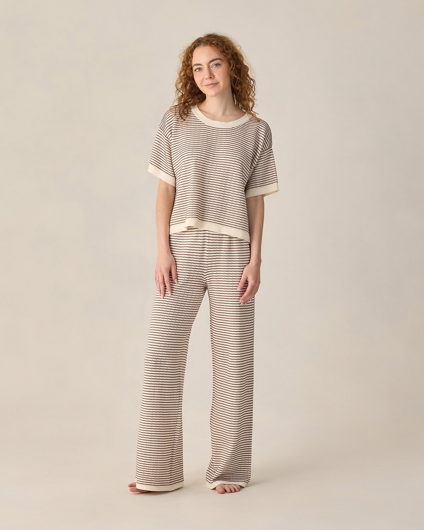 T-shirt court en tricot pour femmes, rayures chocolat