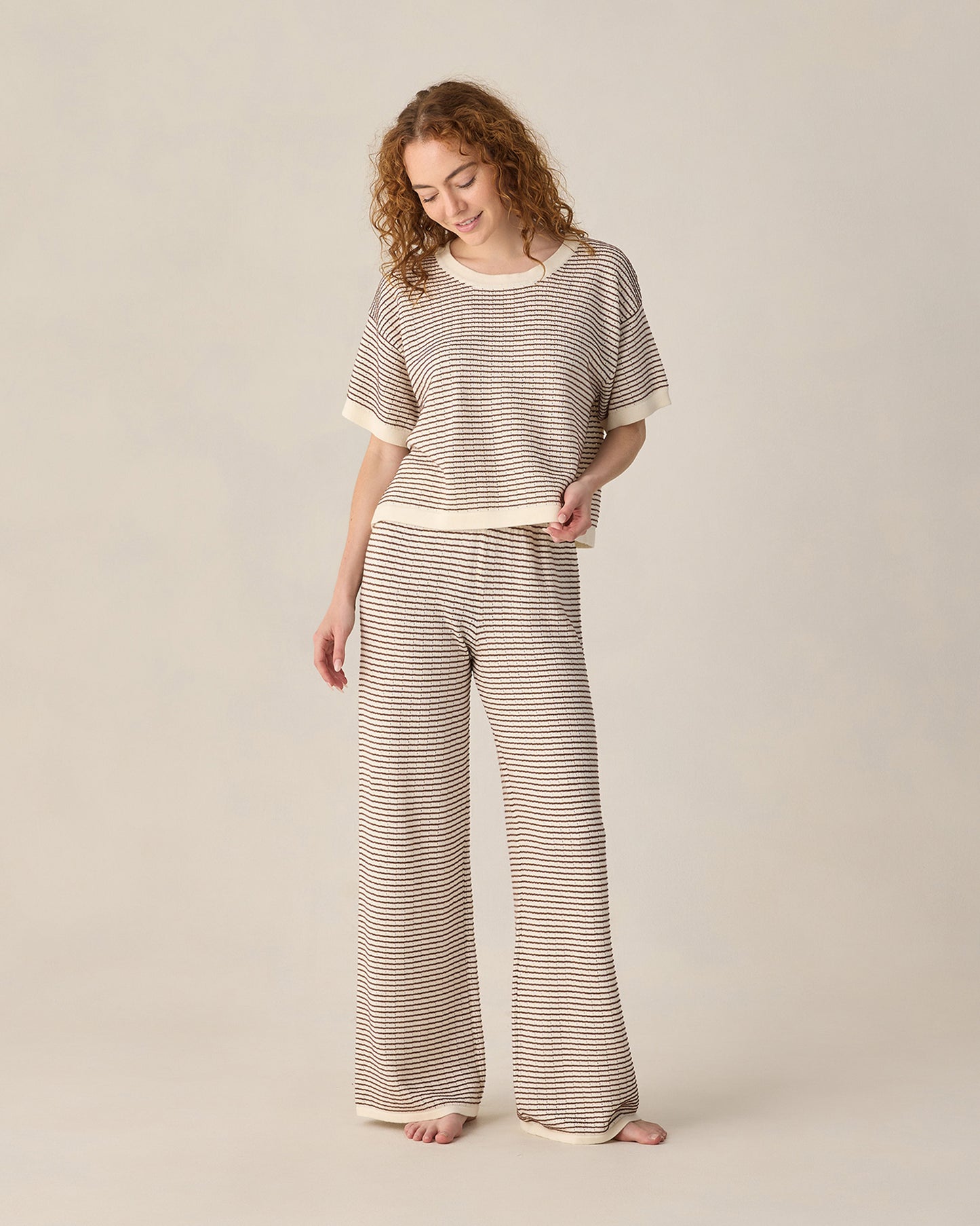 T-shirt court en tricot pour femmes, rayures chocolat