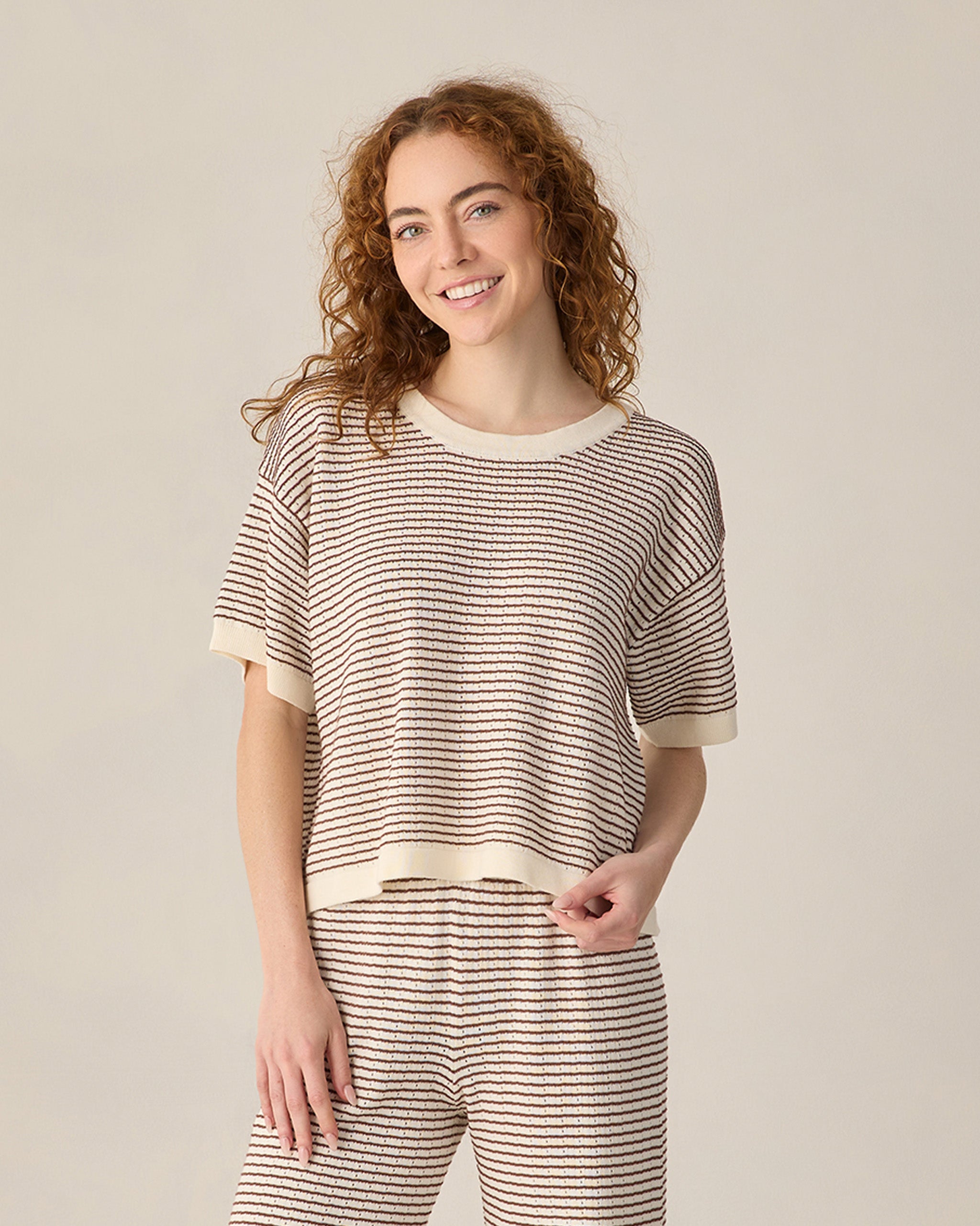 Women's Boxy Crop Knit Tee Chocolate Stripe