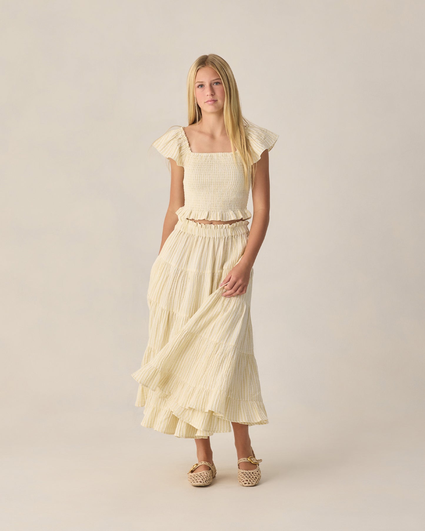 Teen Ruffle Tiered Maxi Skirt Citron Stripe - Rylee + Cru | Kids Clothes | Trendy Baby Clothes | Modern Infant Outfits |