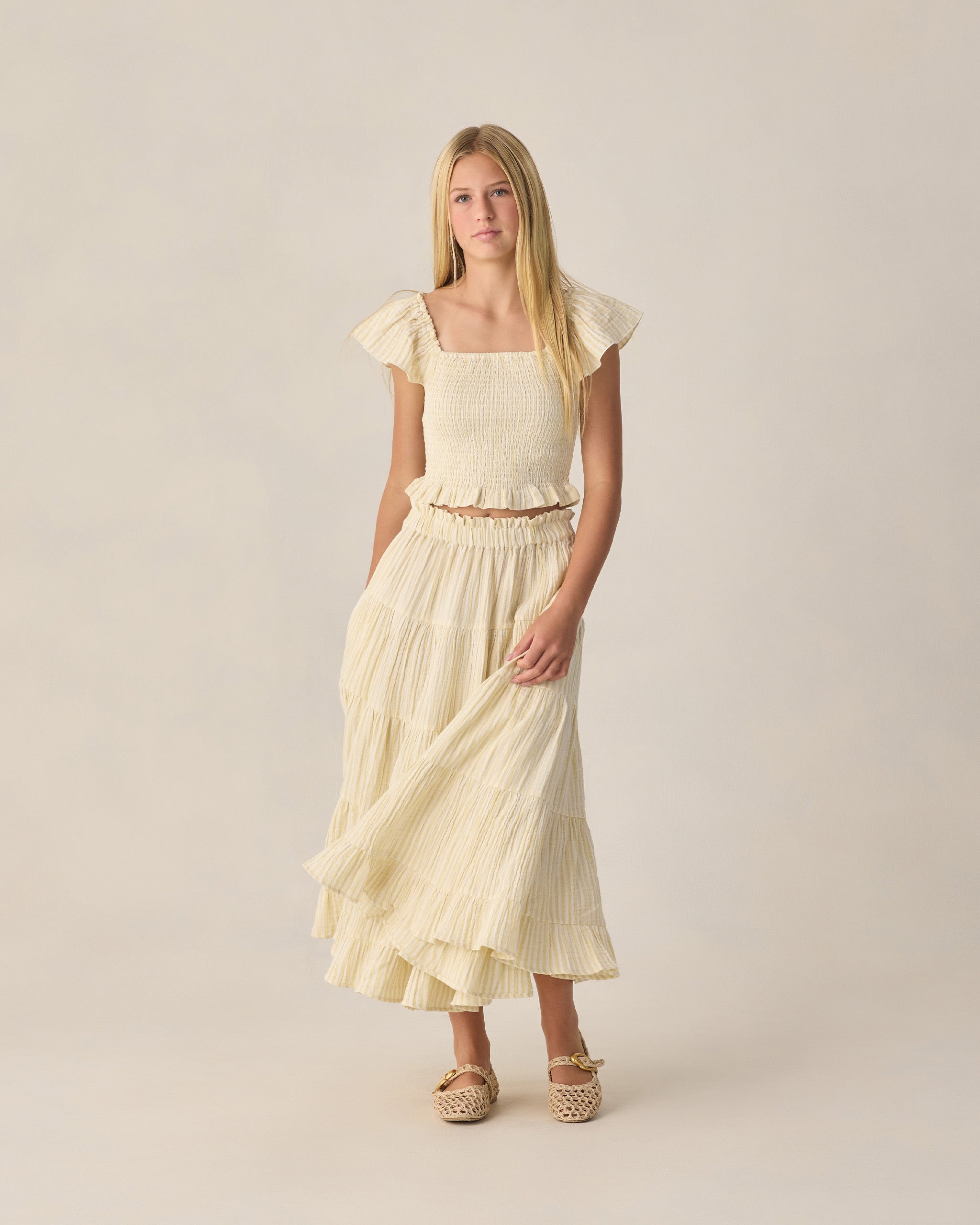 Teen Ruffle Tiered Maxi Skirt Citron Stripe - Rylee + Cru | Kids Clothes | Trendy Baby Clothes | Modern Infant Outfits |