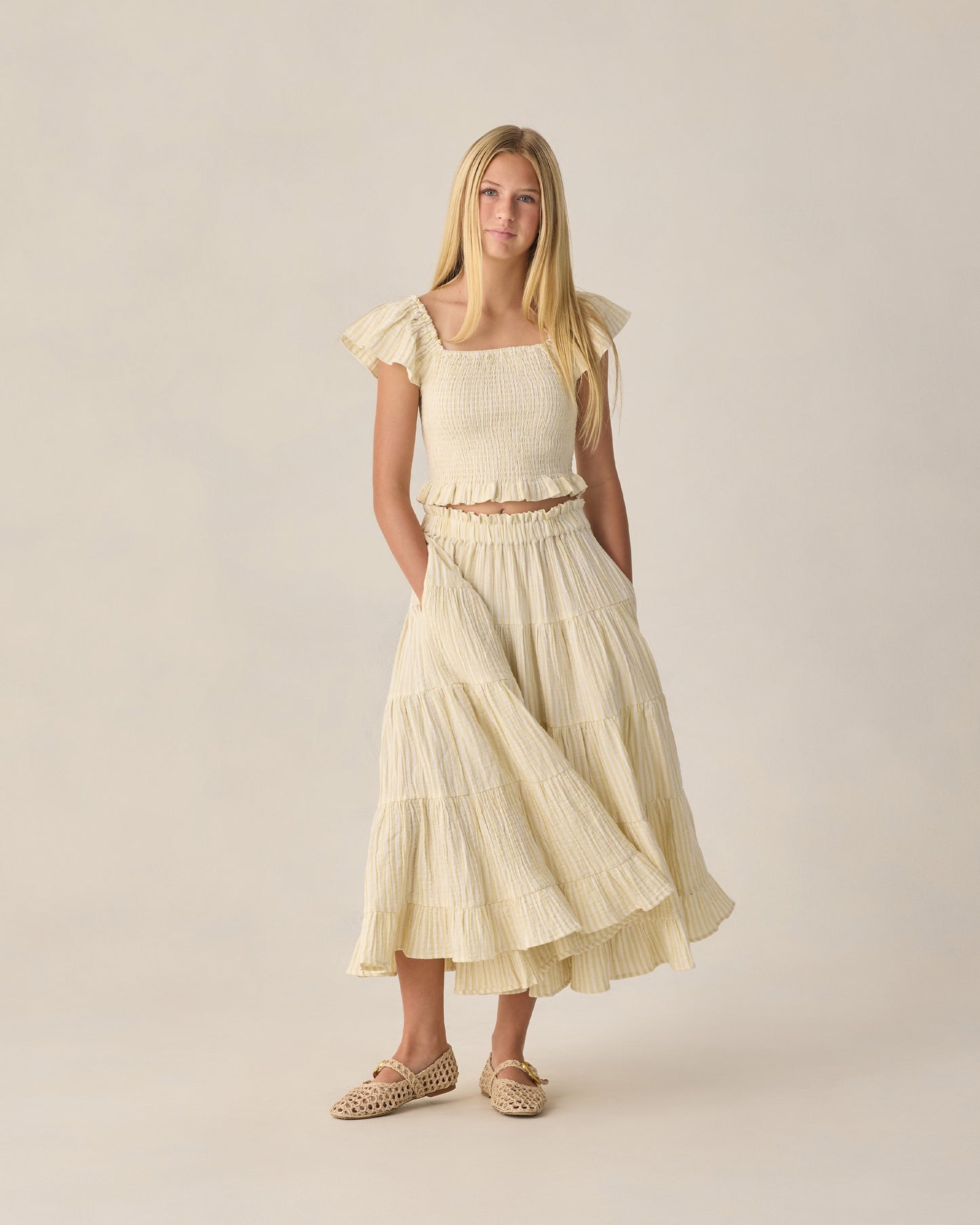 Teen Ruffle Tiered Maxi Skirt Citron Stripe - Rylee + Cru | Kids Clothes | Trendy Baby Clothes | Modern Infant Outfits |