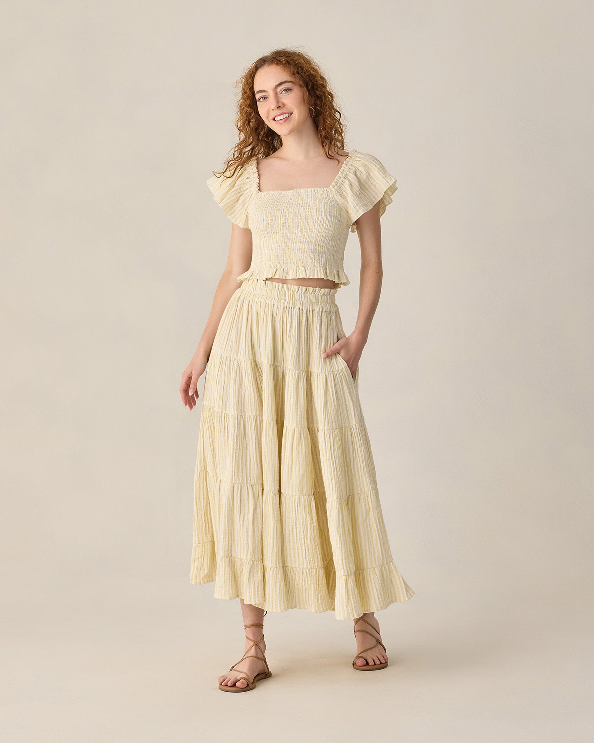 Women's Ruffle Tiered Maxi Skirt Citron Stripe - Rylee + Cru | Kids Clothes | Trendy Baby Clothes | Modern Infant Outfits |