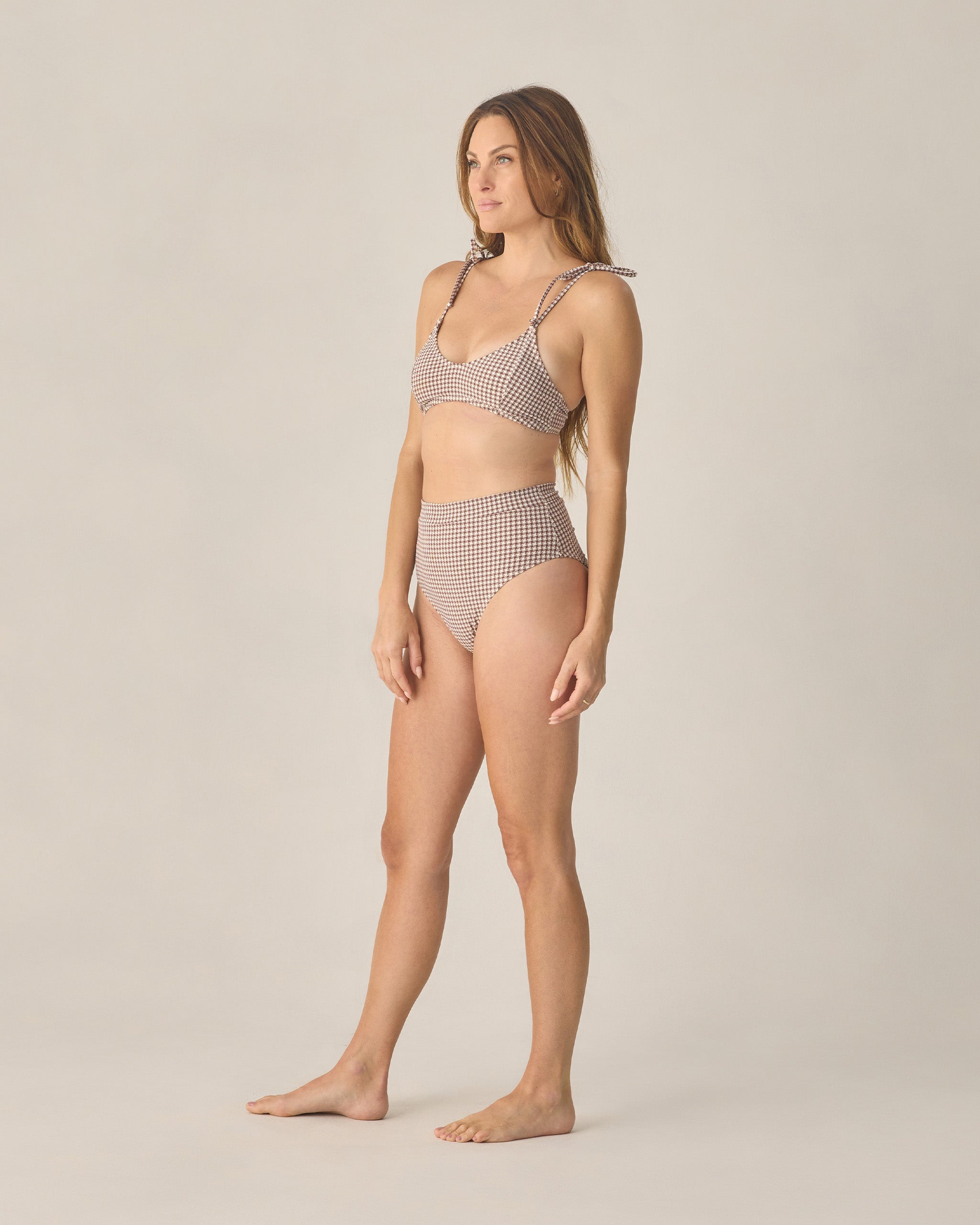 Damen-Bikinihose mit hohem Schnitt und Schokoladen-Hahnentrittmuster