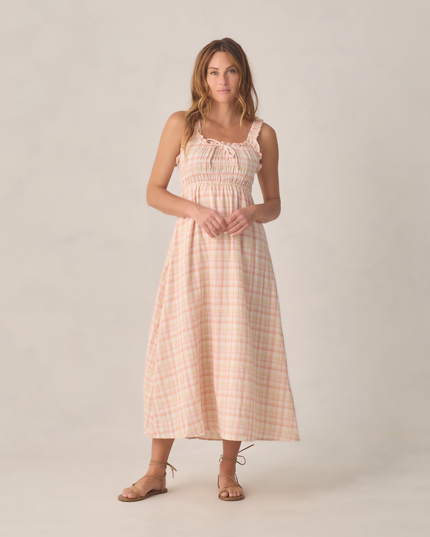 plaid summer dress 50s Style Cotton Midi Swing in bra cups Summer Plaid Smocked Ruffle Girl