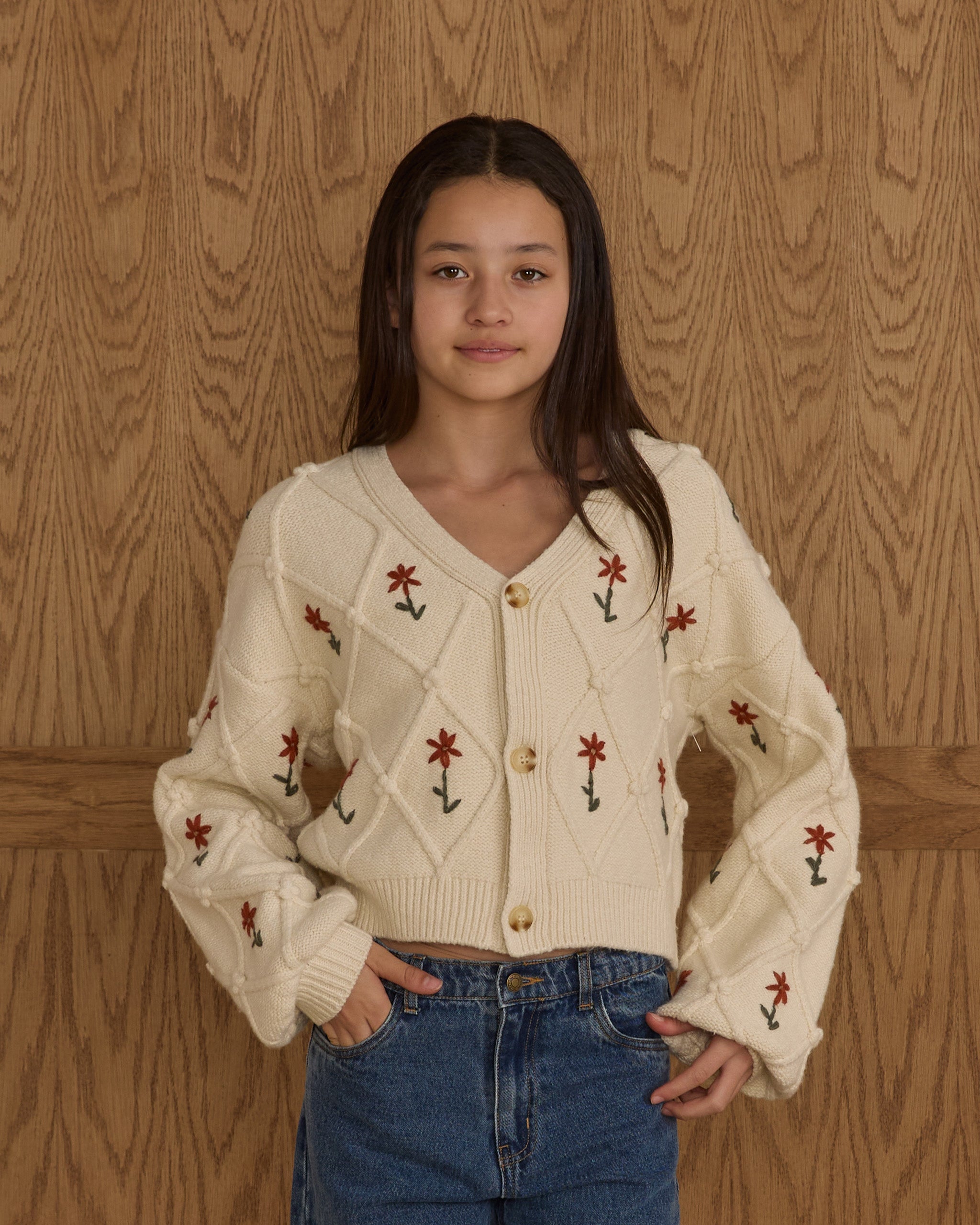Boxy Crop Cardigan || Winter Daisy Embroidery - Rylee + Cru | Kids Clothes | Trendy Baby Clothes | Modern Infant Outfits |