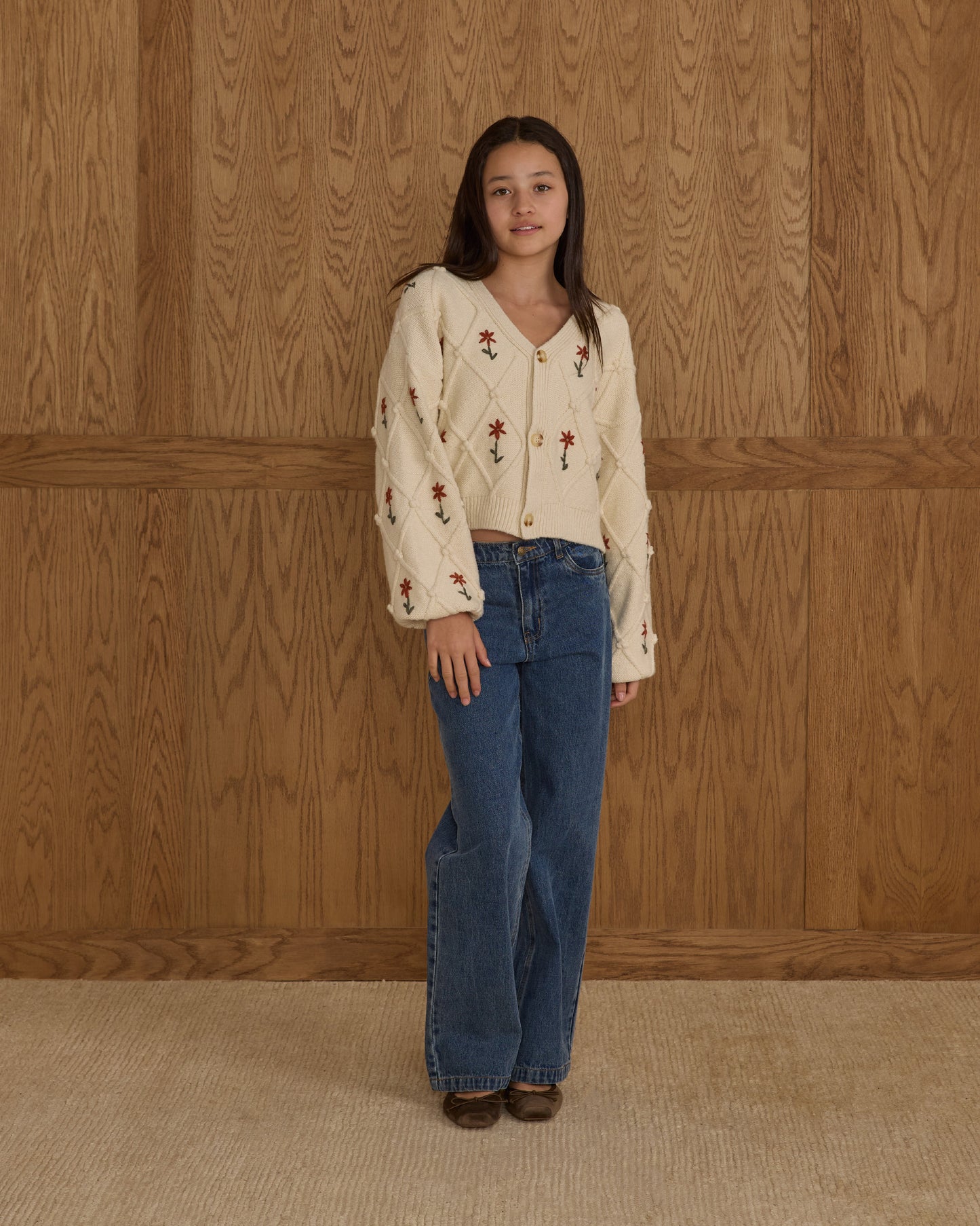 Boxy Crop Cardigan || Winter Daisy Embroidery - Rylee + Cru | Kids Clothes | Trendy Baby Clothes | Modern Infant Outfits |