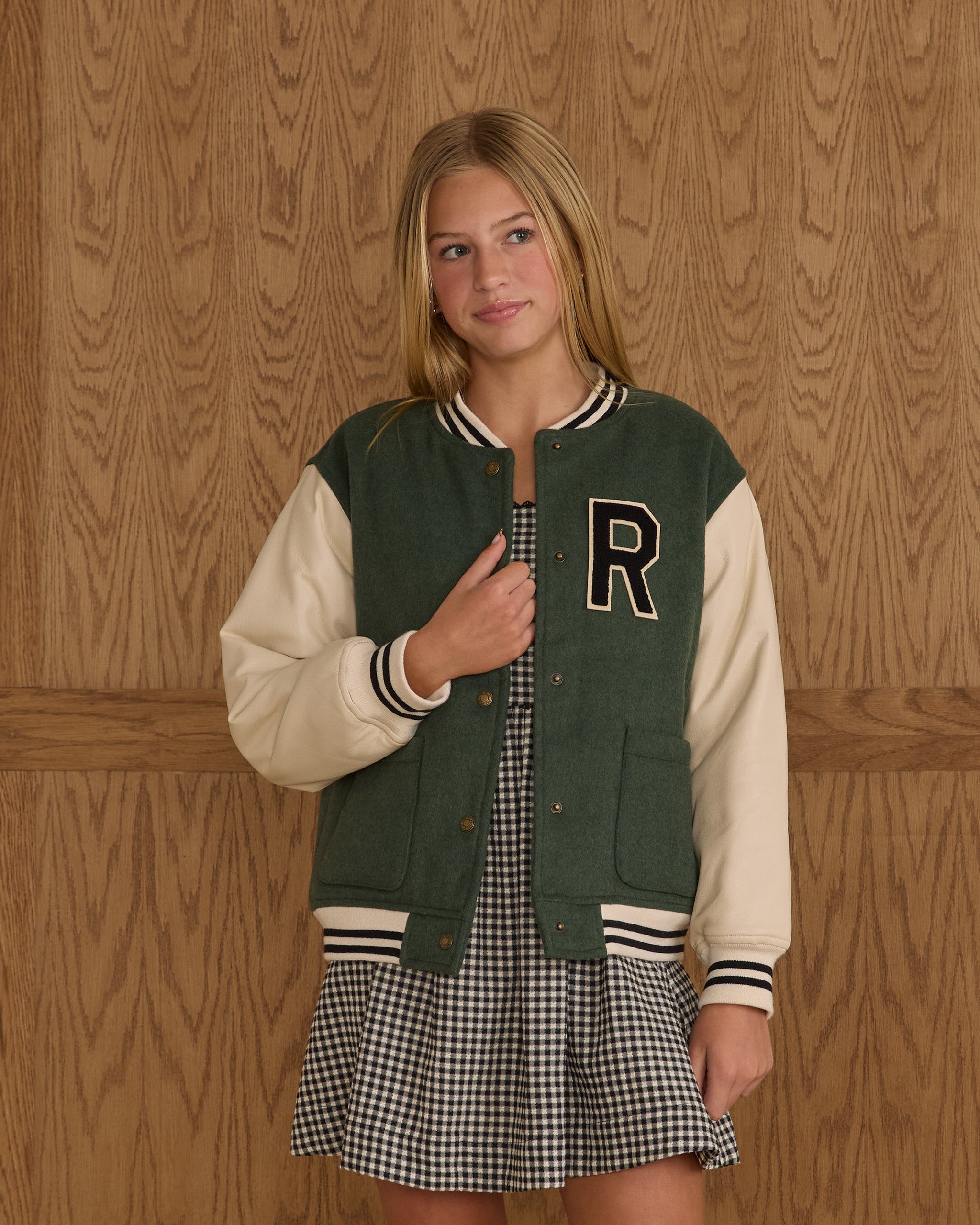 Varsity Jacket || Green - Rylee + Cru | Kids Clothes | Trendy Baby Clothes | Modern Infant Outfits |