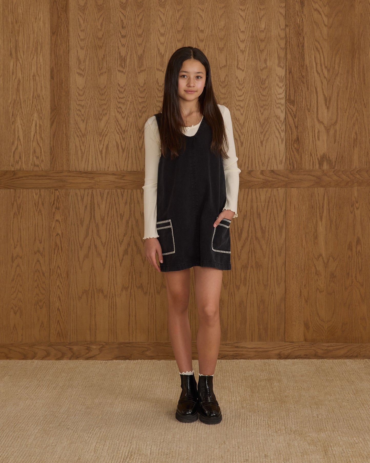 V-neck Overall Dress || Washed Black - Rylee + Cru | Kids Clothes | Trendy Baby Clothes | Modern Infant Outfits |