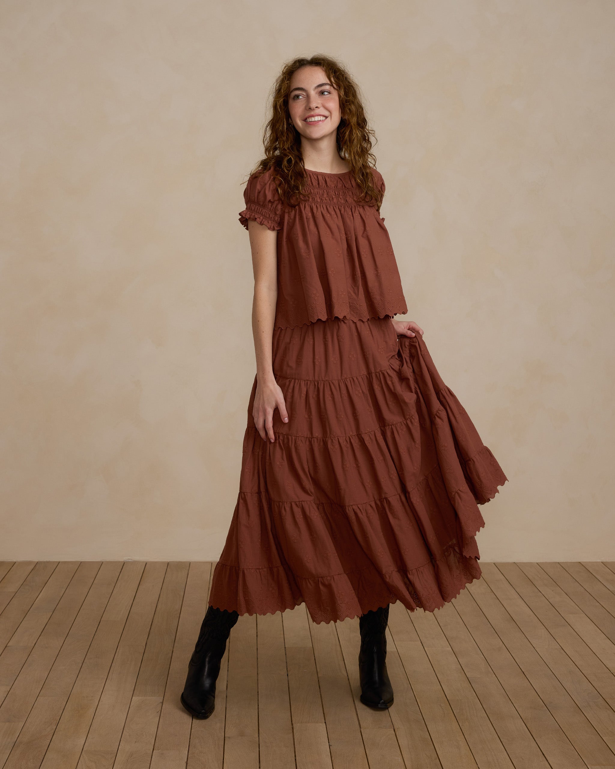 Ruffle Tiered Midi Skirt | Brick