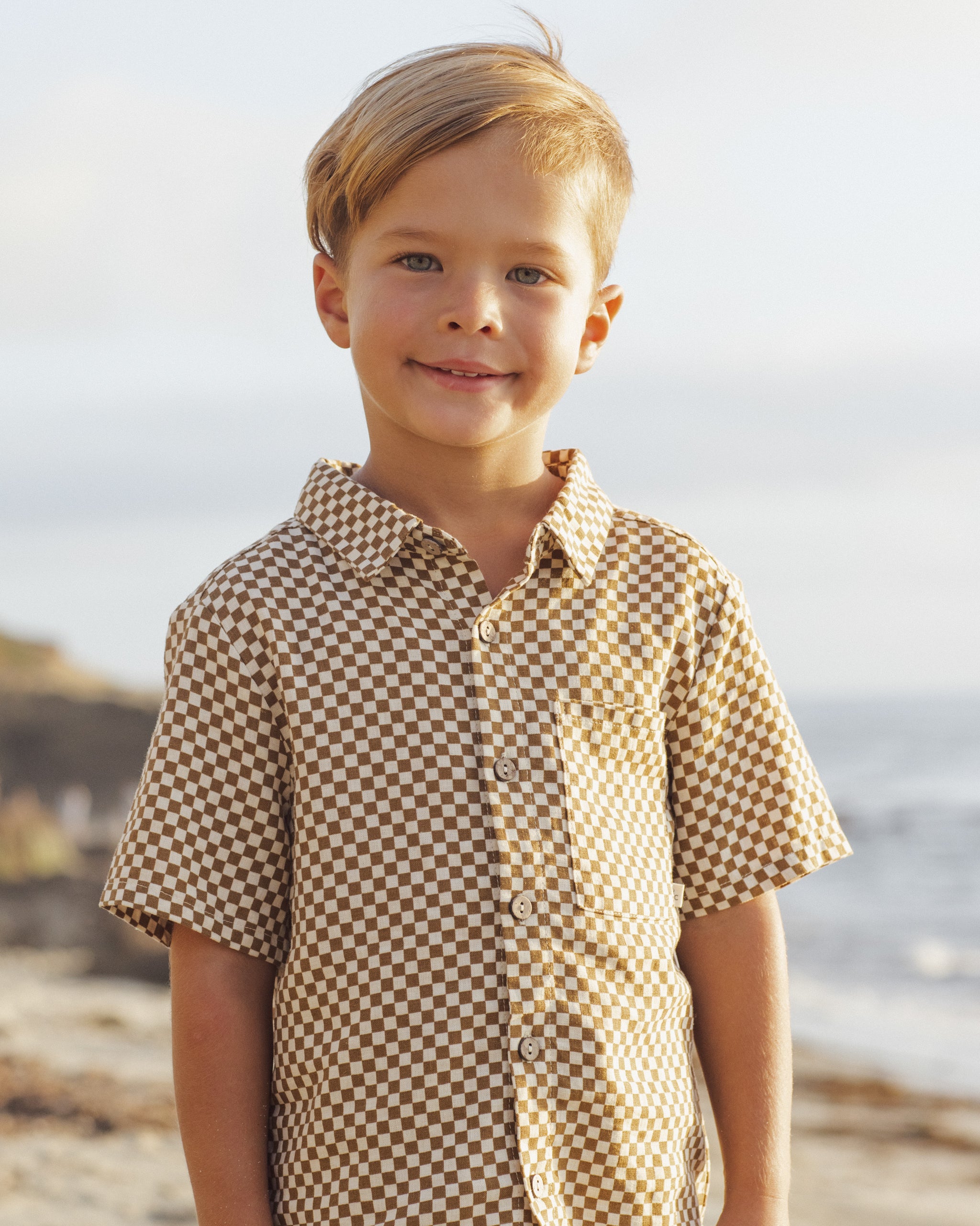 Collared Short Sleeve Shirt Ocre Check - Rylee + Cru | Kids Clothes | Trendy Baby Clothes | Modern Infant Outfits |