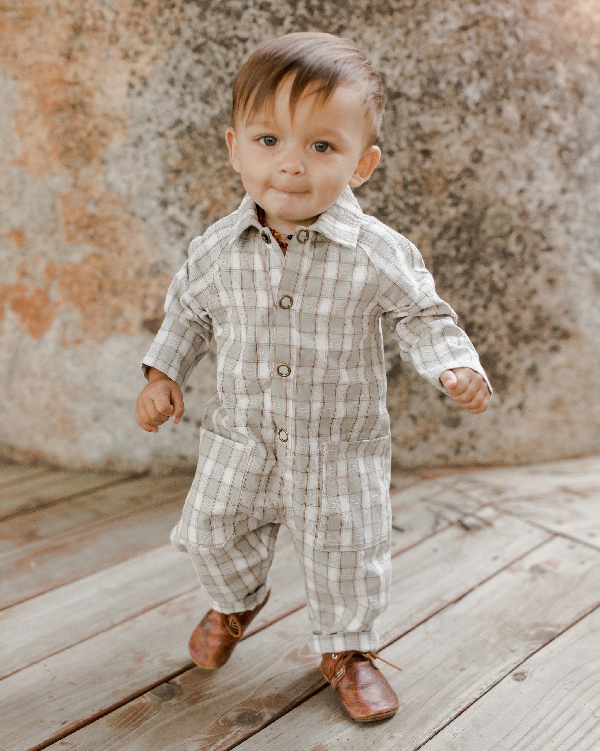 Collared Baby Jumpsuit || Pewter Plaid - Rylee + Cru | Kids Clothes | Trendy Baby Clothes | Modern Infant Outfits |