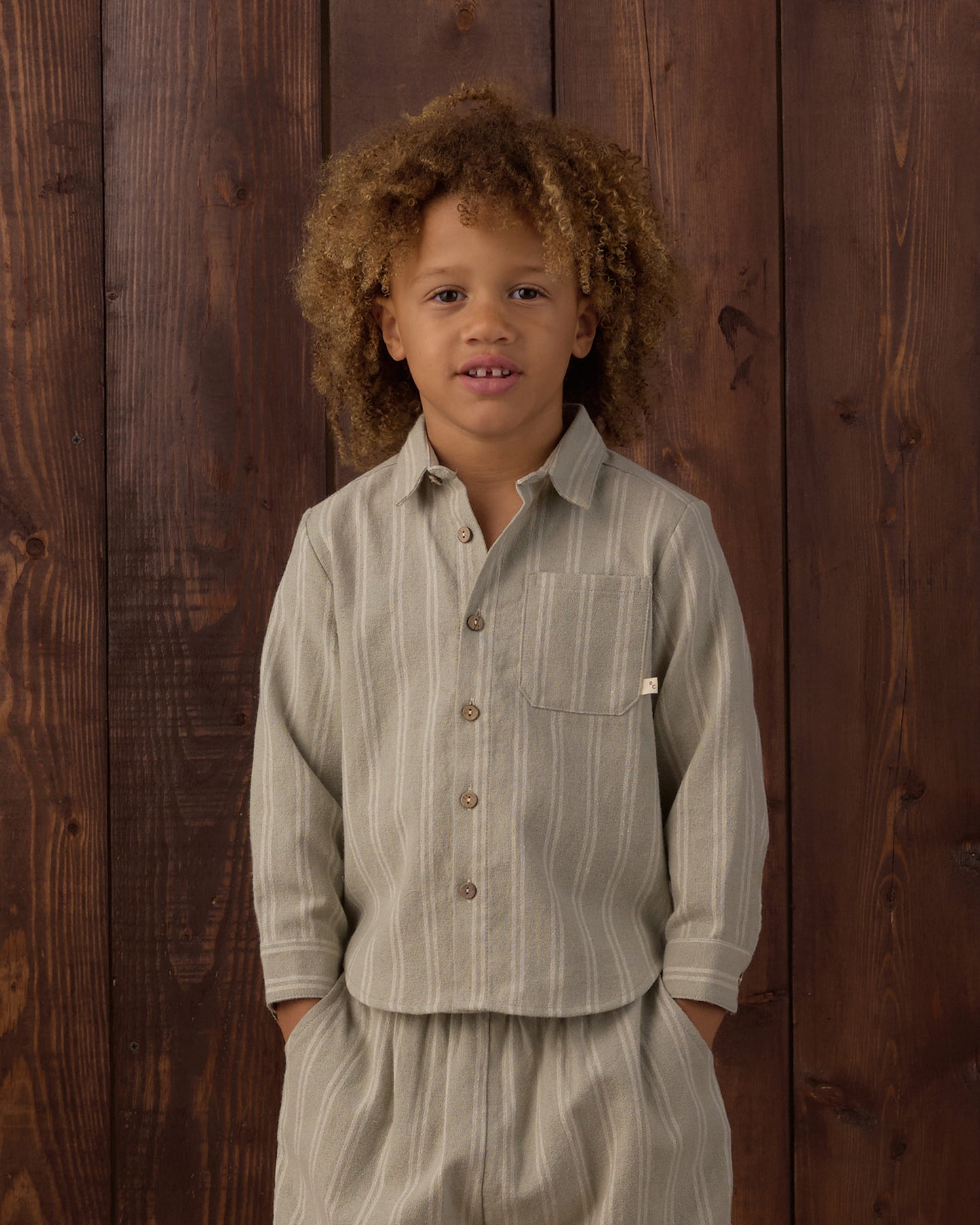 Collared Long Sleeve Shirt Sage Pinstripe - Rylee + Cru | Kids Clothes | Trendy Baby Clothes | Modern Infant Outfits |