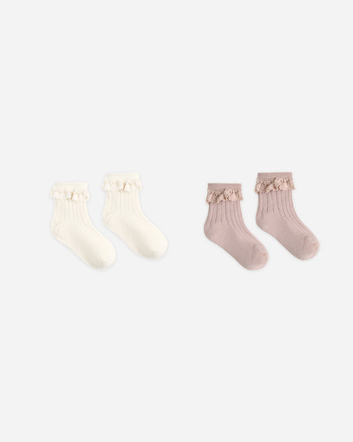 Lace Trim Socks, 2-Pack Rosewood, Natural - Rylee + Cru | Kids Clothes | Trendy Baby Clothes | Modern Infant Outfits |