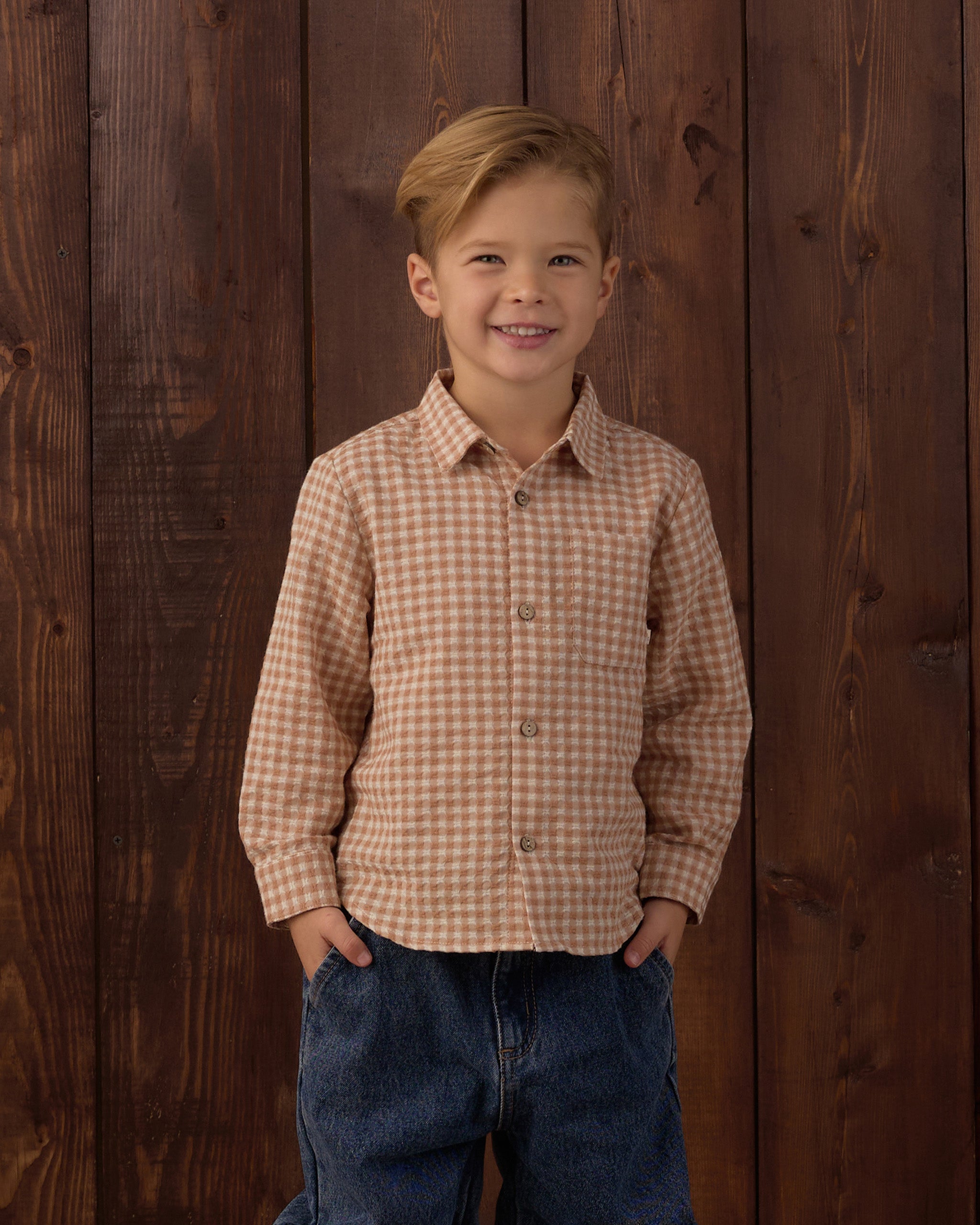Collared Long Sleeve Shirt Fawn Gingham - Rylee + Cru | Kids Clothes | Trendy Baby Clothes | Modern Infant Outfits |