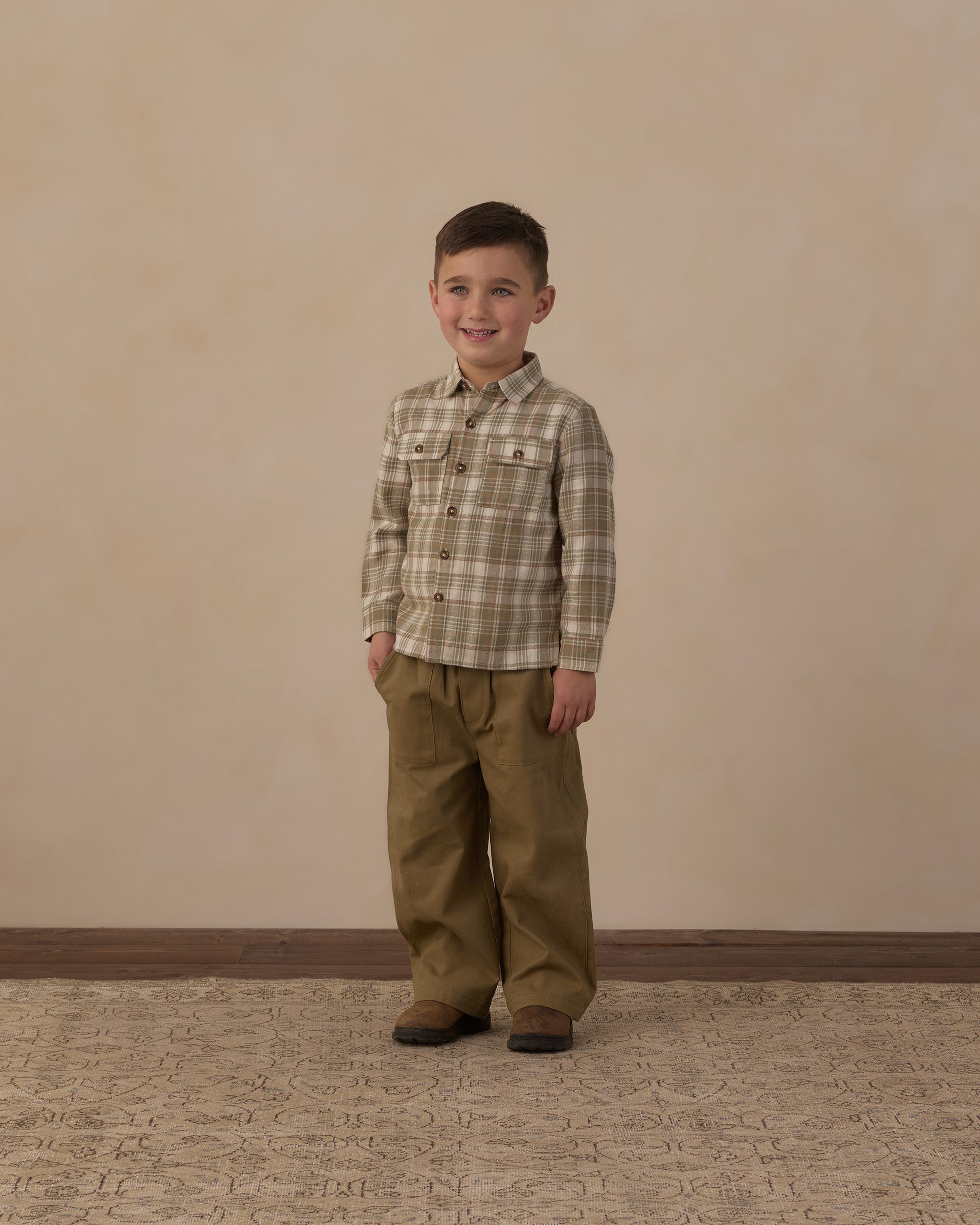 Pocketed Corduroy Shirt Olive Dobby Plaid - Rylee + Cru | Kids Clothes | Trendy Baby Clothes | Modern Infant Outfits |