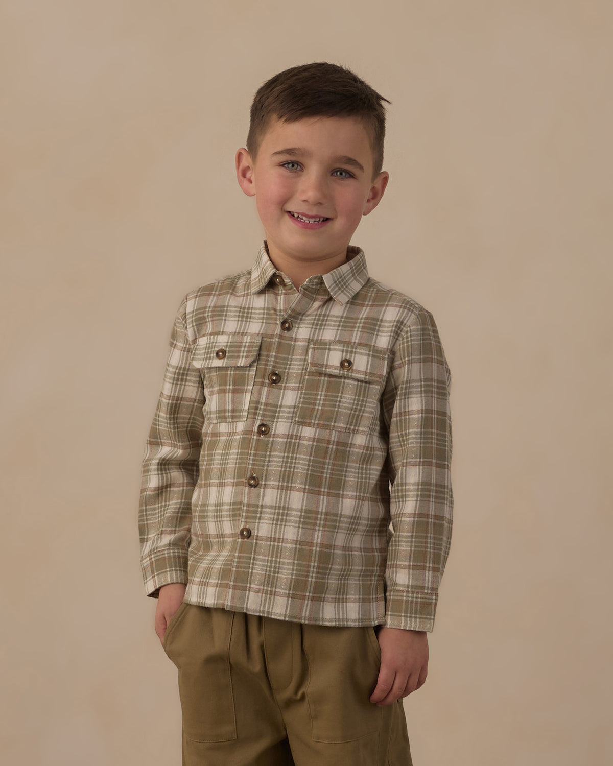 Pocketed Corduroy Shirt Olive Dobby Plaid - Rylee + Cru | Kids Clothes | Trendy Baby Clothes | Modern Infant Outfits |