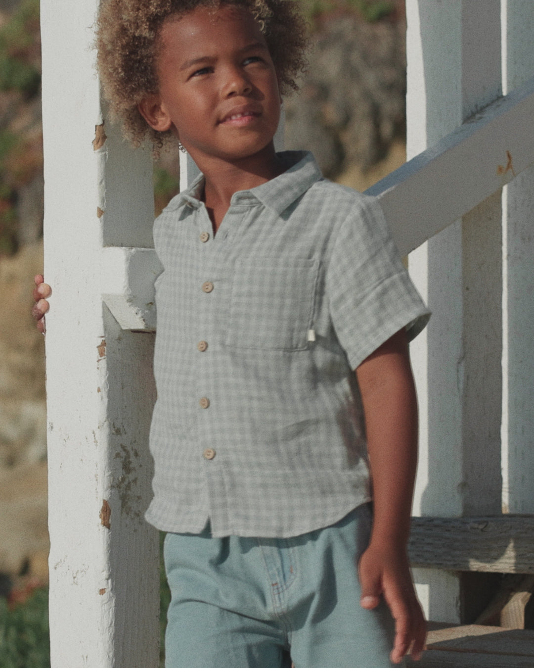 Collared Short Sleeve Shirt Green Gingham